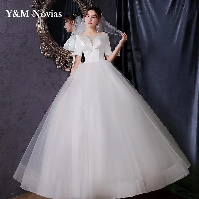 

Elegant Backless Stain Sipmle O Neck Wedding Dress Plus Size Short Sleeve Off White New Bridal Gowns Vestido De Novia Real Photo