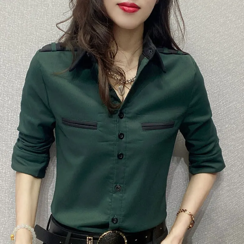 Office Lady Solid Color Work Wear Shirt Spring Autumn Long Sleeve Female Clothing Pockets Spliced Stylish Single-breasted Blouse