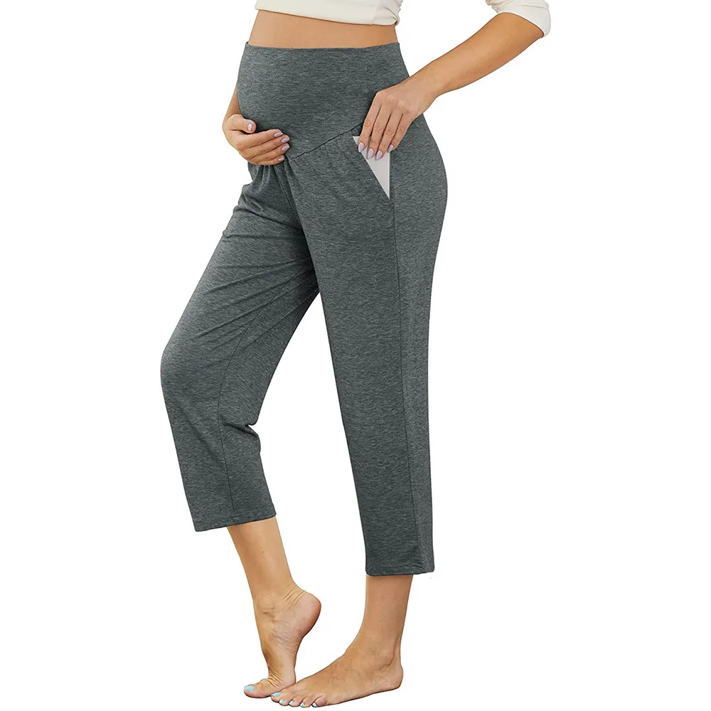 Barriga de cintura alta feminina grávida Gravidez Capris, Calças de maternidade, verão cônico, calça reta cortada, 7, 10 Comprimento