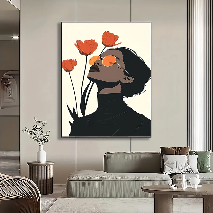 قطعة واحدة من ملصق القماش الحديث الكبير جدًا - ديكور فني جداري بسيط مع توليب برتقالي، صورة امرأة أنيقة - ملصق تنسيق كبير #2