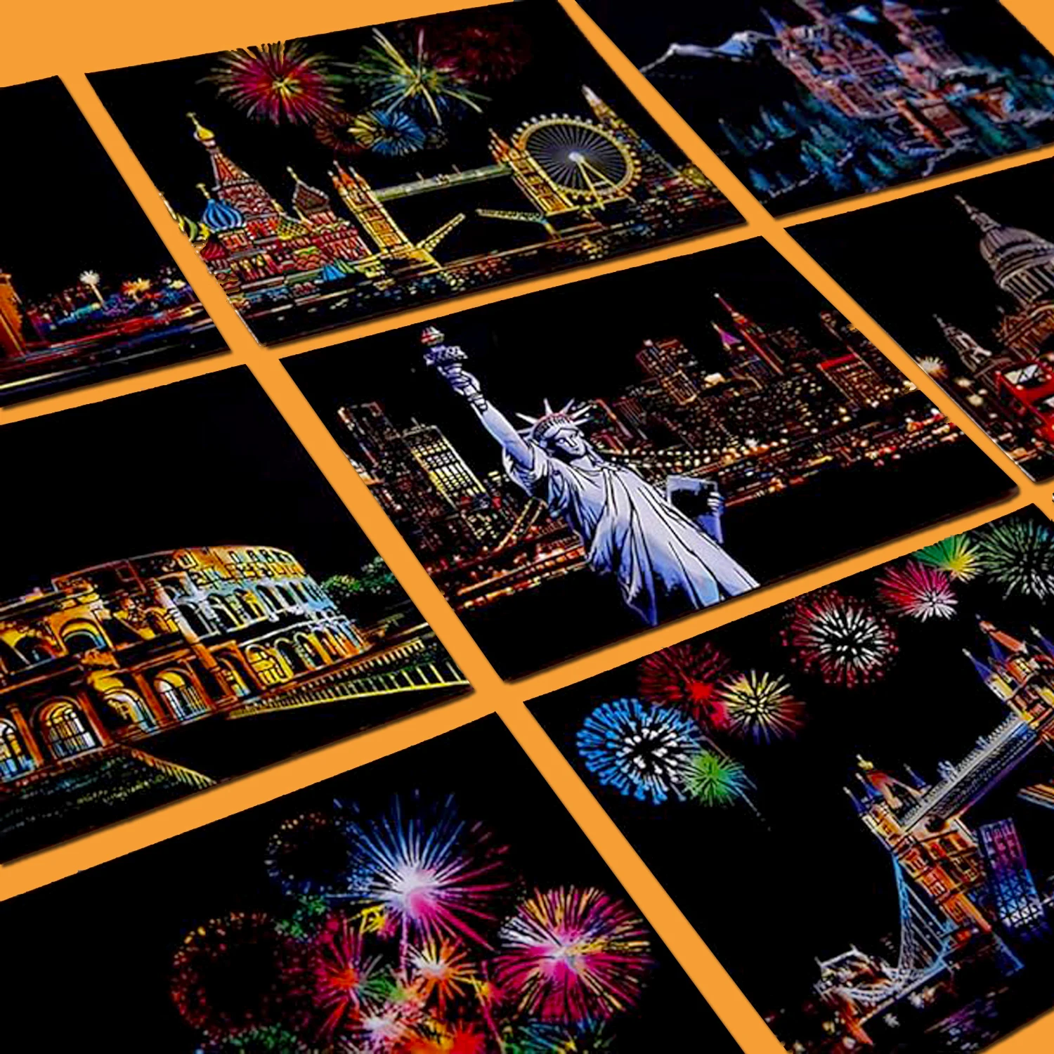 Night Scene Scratch Art Urban Landscape Architecture Clip Art 4PCS Postcard Style Colorful Scratch Art Cool And Colorful Scratch