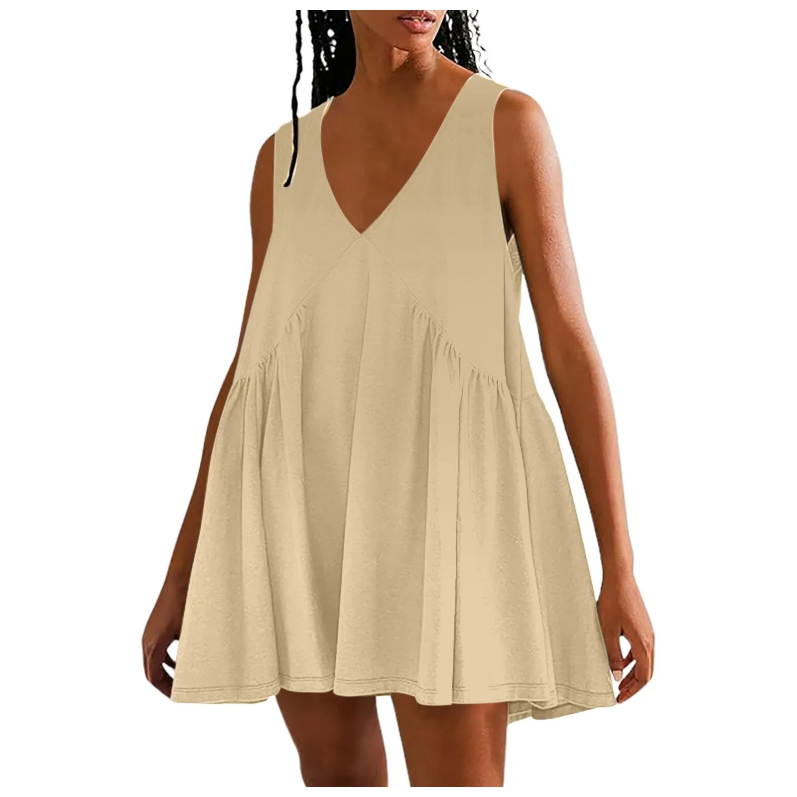 

Large Size Loose Comfortable Tank Dress for Women V-Neck Sleeveless Casual Mini Dresses Solid Color Pleated A-Line Dress