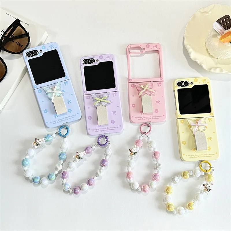 For Samsung Galaxy Z Flip 6 3 4 5 Case Z Flip6 ZFlip 6 ZFlip6 Ins Bow Flower Ring Bracelet Shockproof Back Cover