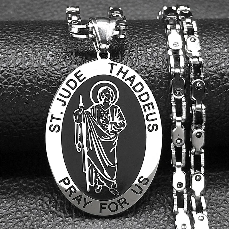 ST. JUDE THADDEUS PRAY FOR US Pendant Necklace Men Enamel Stainless Steel Christian San Judas Tadeo Necklaces Punk Jewelry