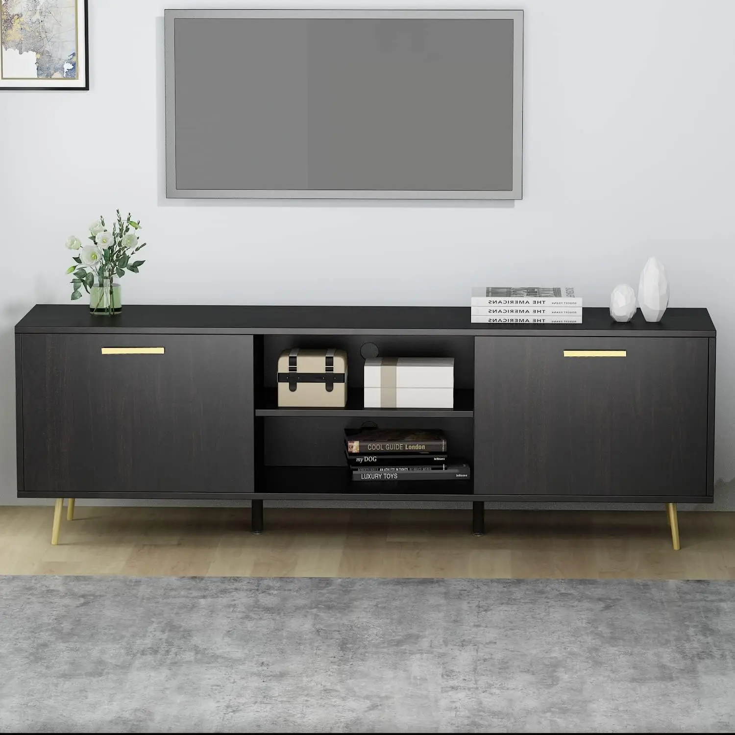 ECACAD Modern TV Stand for TVs up to 75 Inch, Entertainment Center TV Console Table with 2 Doors, 2 Open Shelves & Gold Metal