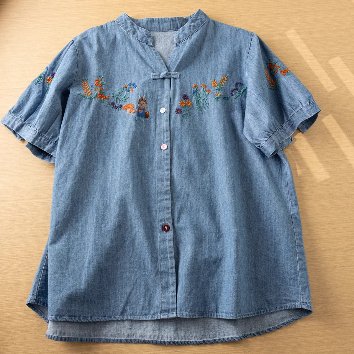Mori girl style lace floral cartoon embroidery shirts and blouses Chinese buttons cotton tops female summer women\'s clothing
