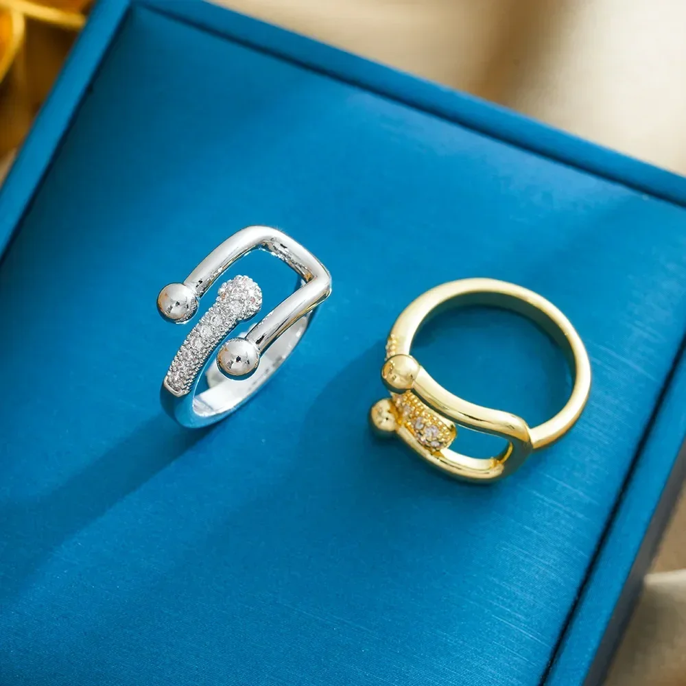 Кольцо с застежкой в форме подковы с бриллиантом для женщин и кольцо с листом циркона для женщин.