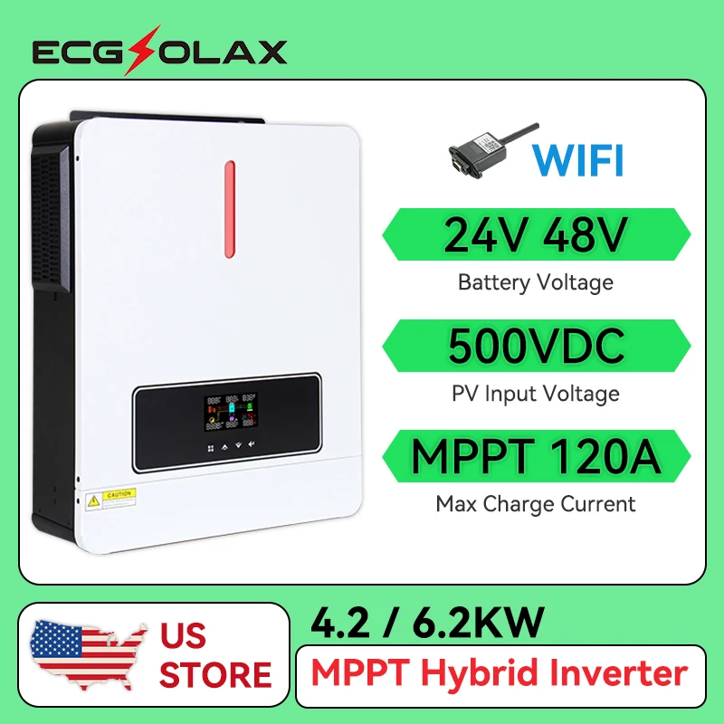 

ECGSOLAX 4.2KW 6.2KW Hybrid Solar Inverter 120A Built-in MPPT Solar Controller 24VDC Off-Grid Inverter Charger Pure Sine Wave