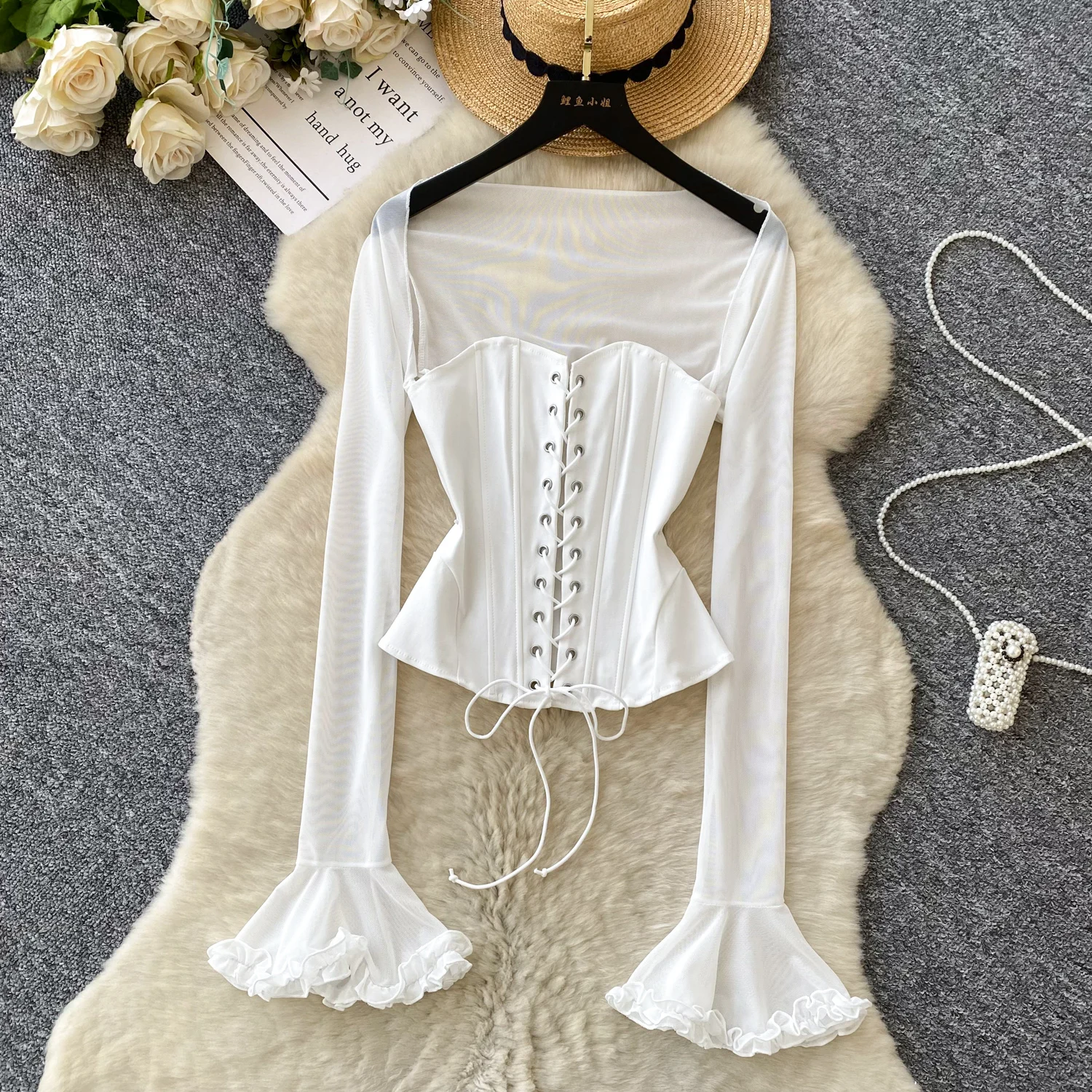 Mulheres ins malha retalhos cordão topos camisas femininas manga alargamento pescoço quadrado sexy hotsweet magro topos bandagem camisas encantadoras