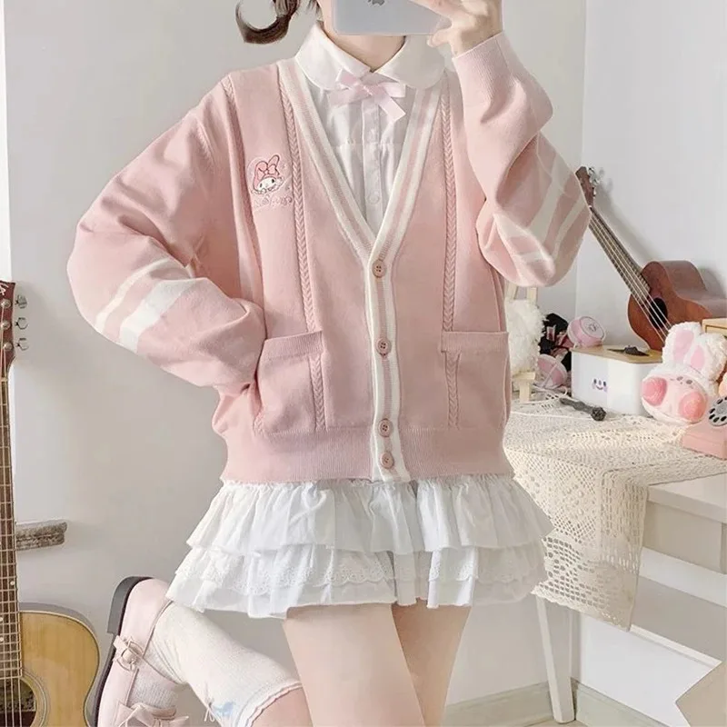 Sanrioed Hello Kittys Embroidery Knitted Sweater Women Cartoon My Melody Cinnamoroll Kuromi Y2K Girl College Style Cardigan Coat