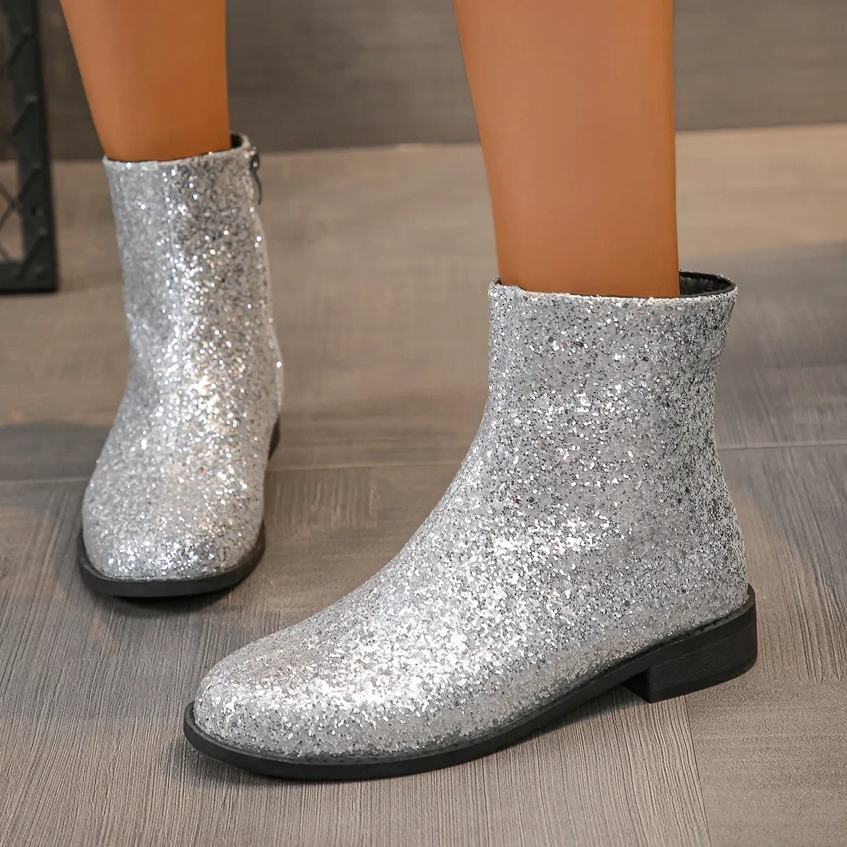 Boots Women Christmas Glitter Zipper Chunky Heel Ankle Boot Sequins Round Toe Chunky Heels Ankle Boots Party Shoes for Women