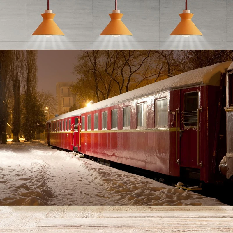 

Snow Night Train Photography Backdrop Urban Train Carriages City Night Snowy Scenery Background Party Backdrop Wall Banner Decor