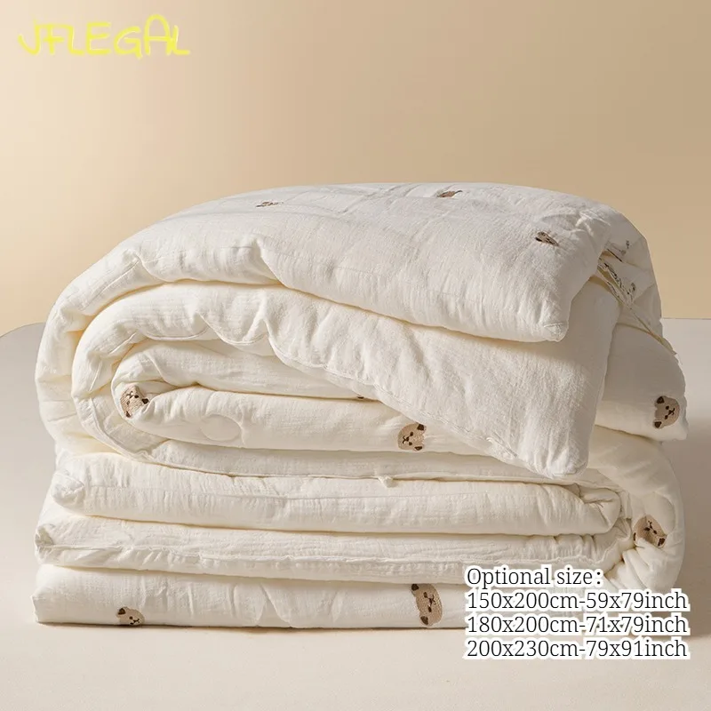 JFLEGAL Cute Bear Embroidered Cotton Comforter Ultra Soft Breathable Bed Quilt All Season Lightweight Duvet Insert Queen
