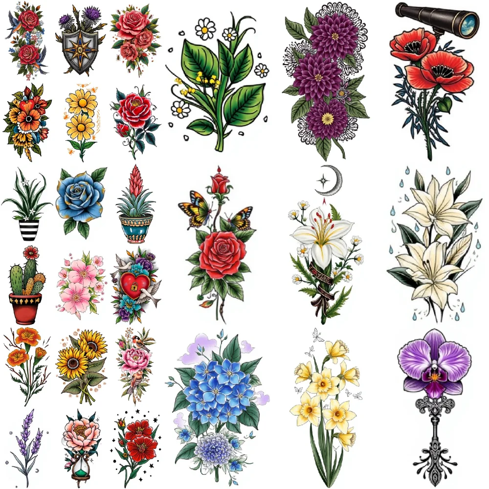 

28 шт., временная татуировка, новая школа, традиционное сердце с замком, подсолнухи, лилии для женщин, грудь, мужчин