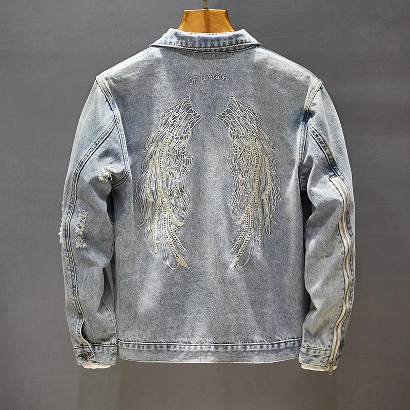 

Retro Wings Embroidery Hole Denim Jaet Men's Trendy Motorcycle Jaet Upper Clothes Loose Fit Multi ket Straight Hem Cot...