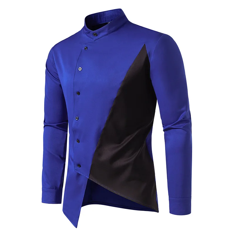 Royal Blue Henley Shirt Men 2023 Autumn New Irregular Hem Long Sleeve Mens Dress Shirts Party Wedding Prom Tuxedo Shirt Male XXL