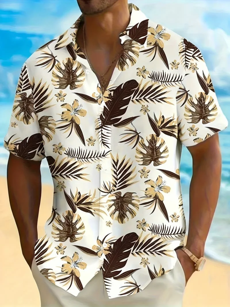 2026 Men's Chic Tropical Botanical Print Short Sleeve Shirt, Elegant Breathable Button Down for Summer Vacation and Casual