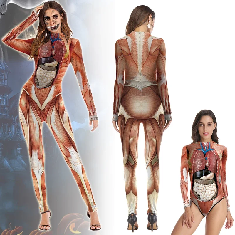 Vrouw Menselijk Lichaam Structuur Weefsel Jumpsuit Menselijk Torso Anatomie Apparaat Halloween Party Fancy Badpak Zentai Pak