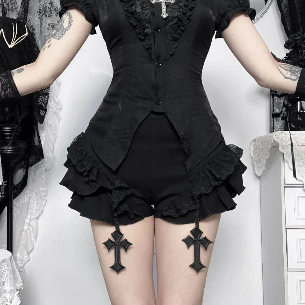 Black Cross Shorts Gothic Style Lace Ruffles Cute Shorts Aesthetic Lolita Girls Low Waisted Minishorts Gyaru Streetwear Outfits