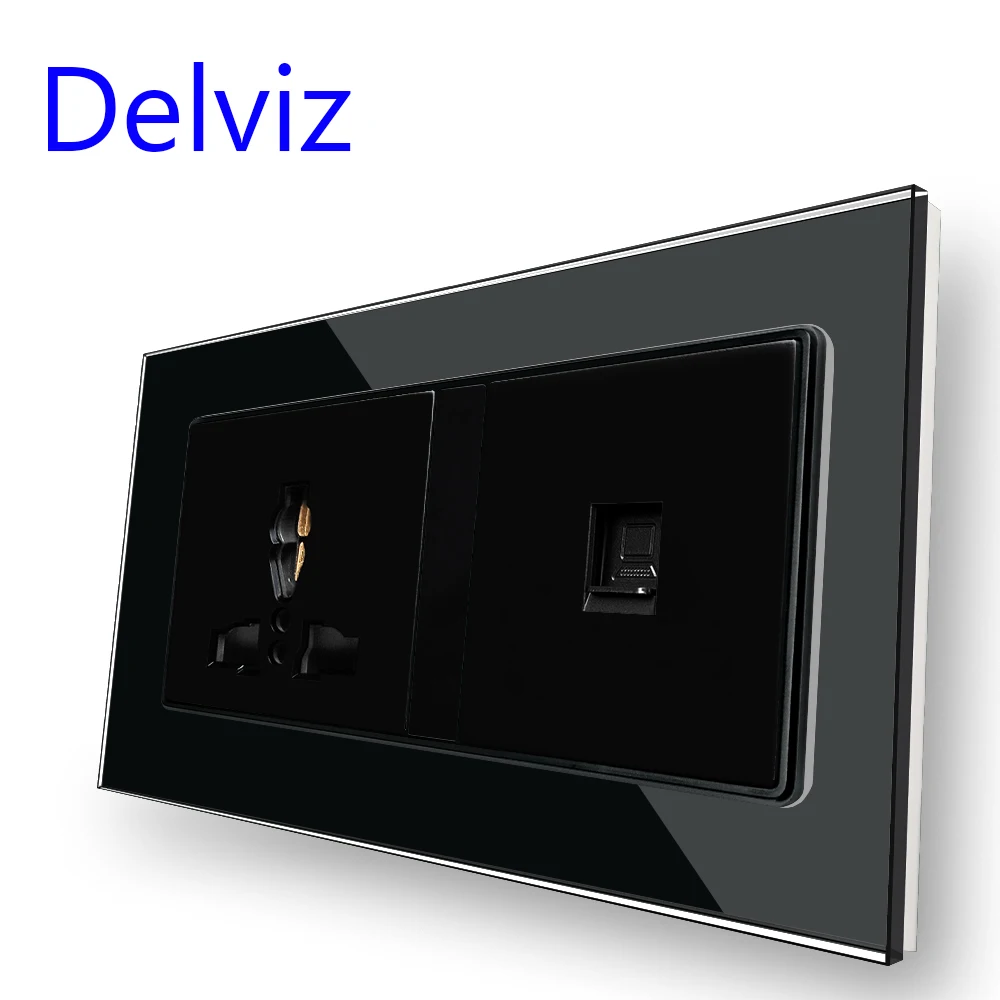 Delviz Computer socket interface, 146mm*86mm Tempered Crystal Glass Panel,AC 110V~250V, Wall Embedded 16A Universal power Outlet