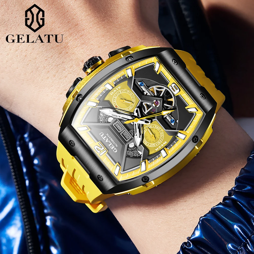 GELATU 6013 Luxury High Quality Men\'s Mechanical Watch Waterproof Silicon Tape Watch for Men Multifunctional Fashion Wristwatch