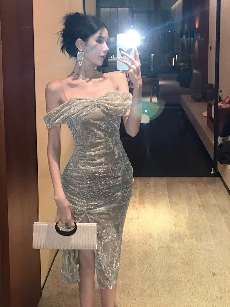 Kimotimo Evening Dresses Women Temperament Shiny Off Shoulder Slim Wrapped Split Midi Dress French Gentle Fashion Party Vestidos