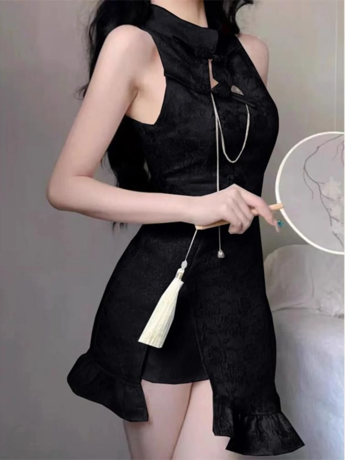 New Chinese Sle Improved  Sleeveless Dress Women Summer Sexy Gyaru Frill Fishtail Sheath Short dress