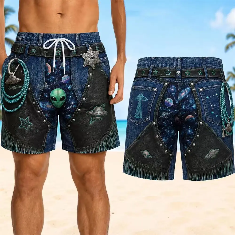 Funny Men Swim Trunks, Leopard Faux Bikini Beach Shorts Fake Denim Gift Shorts Novelty Gag Gift for Him Pool Party Outfit Shorts