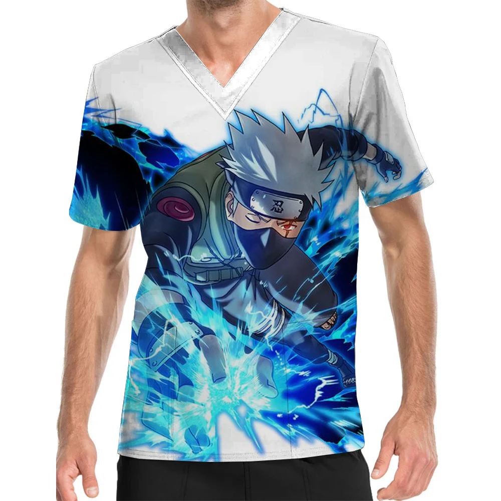 Naruto Kakashi V-Neck Print Scrub Top Hot Sale Loose Playground Hospital Nursing Clothes Men Work T-shirt