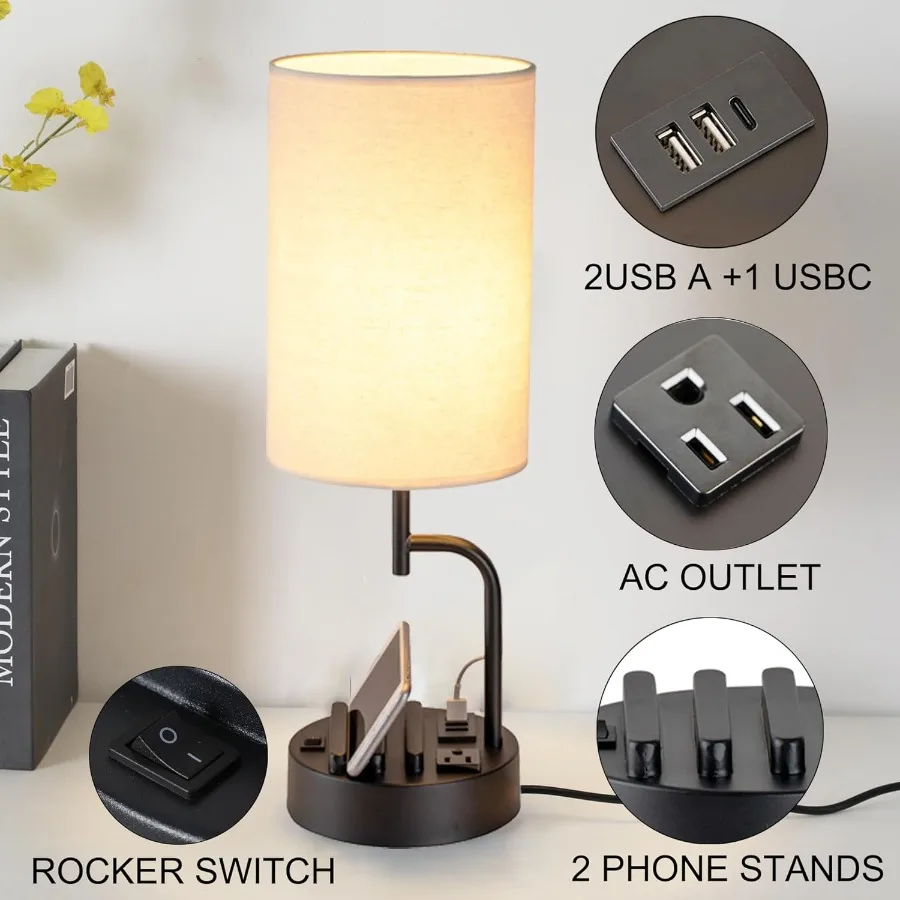 โคมไฟตั้งโต๊ะพร้อมพอร์ตชาร์จ USB 3 ช่อง โคมไฟตั้งโต๊ะทันสมัยพร้อมเต้ารับไฟฟ้าและที่วางโทรศัพท์ โคมไฟข้างเตียงที่สมบูรณ์แบบสำหรับห้องนอนและห้องนั่งเล่น