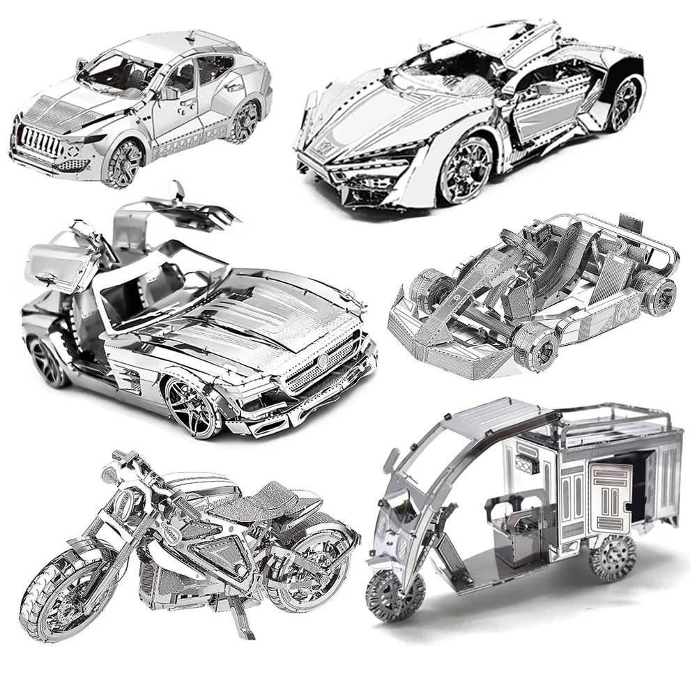 3D Metal Puzzle Auto Rickshaw Super Car Vintage Car Motorcycle Transportation Vehicles Handmade Assembly Model Jigsaw Puzzle Toy