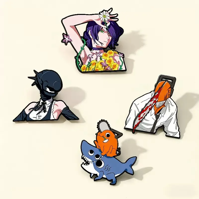 4pcs/set Manga Characters Reze Denji Enamel Metal Brooches Anime Figure Cool Shark Lapel Pins Badges Backpack Accessories