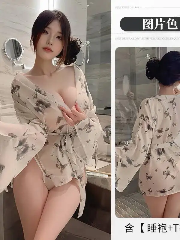 Sexy puro deseo estampado mariposa pura encaje profundo cuello en V Kimono camisón pijama Albornoz vestido elegante dulce Sexy FE6M