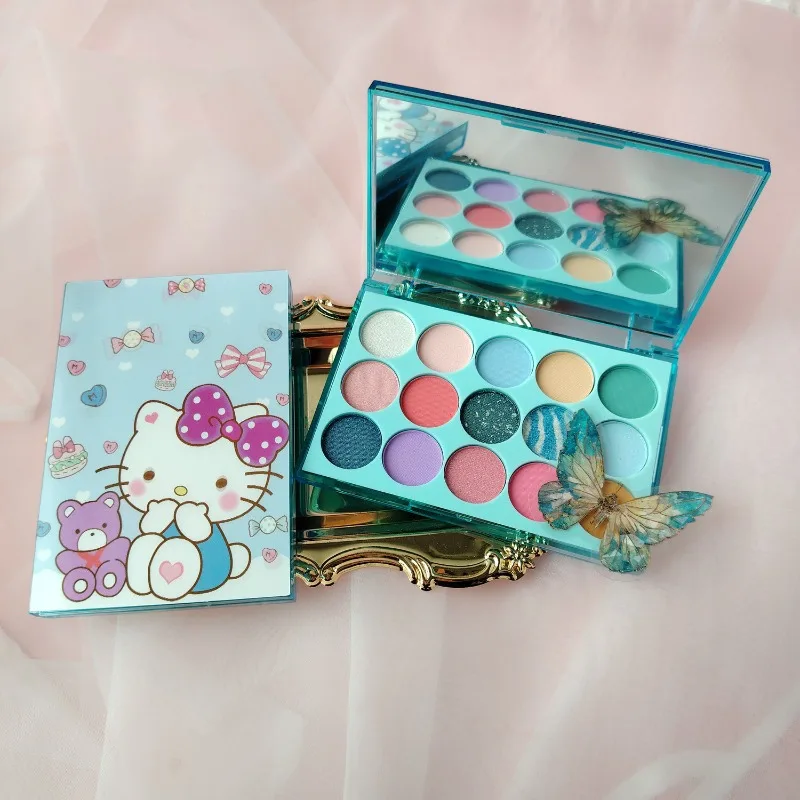 Cute Hello Kitty Eye Shadow Palette Set with Makeup Mirror 15 Colors with High Appearance Value Matte Fine Sparkle Eye Shadow