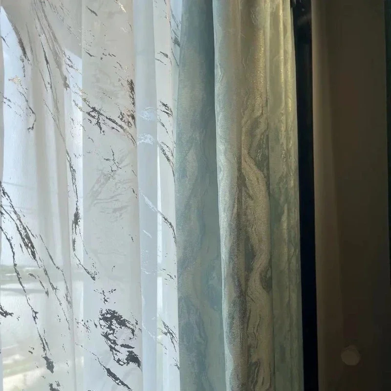Simple Luxury Curtains For Living Room Blackout Bedroom Dining Room Blue Marble Elegant Window European Tulle Customize