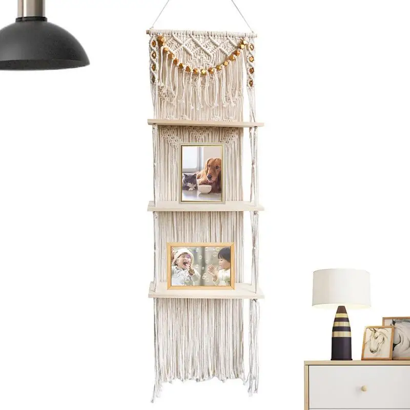 

Macrame Wall Shelf 3 Tier Tassel Shelves For Wall Tapestry Boho Shelves Organizer Hanger For Home Indoor Plant Wall Shelf