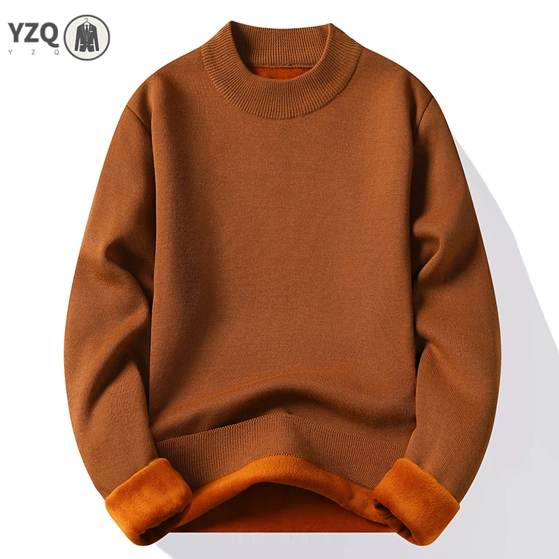Men Mock Neck Knitted Sweater Full Fleece Lined Thermal Pullover Soft Long Sleeve Base Top For Cold Autumn Winter Daily Wear