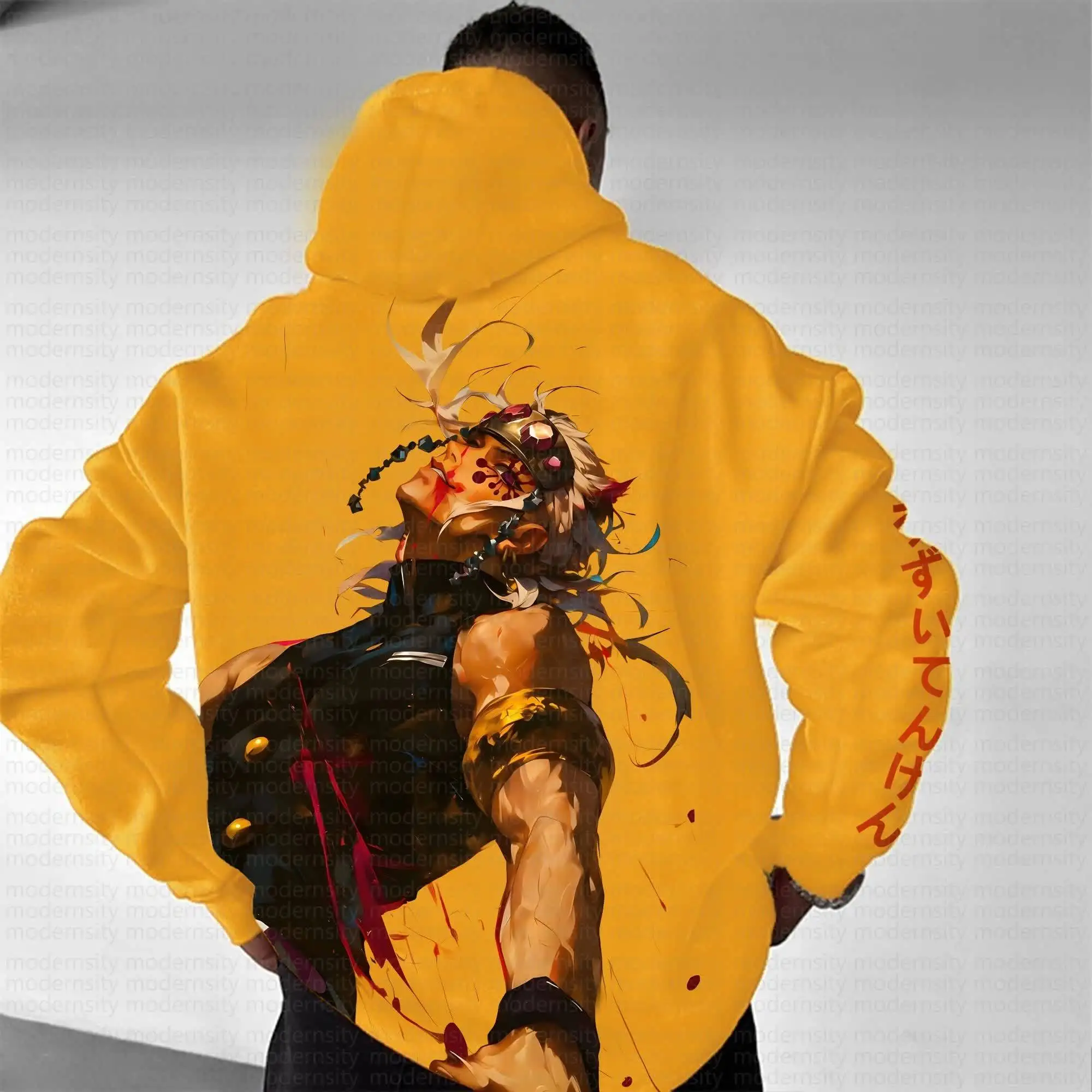 Conjunto de moletom com capuz amarelo Demon Slayer Kimetsu No Yaiba Tanjiro Kamado com estampa de personagem e design de padrão vermelho moletom de algodão