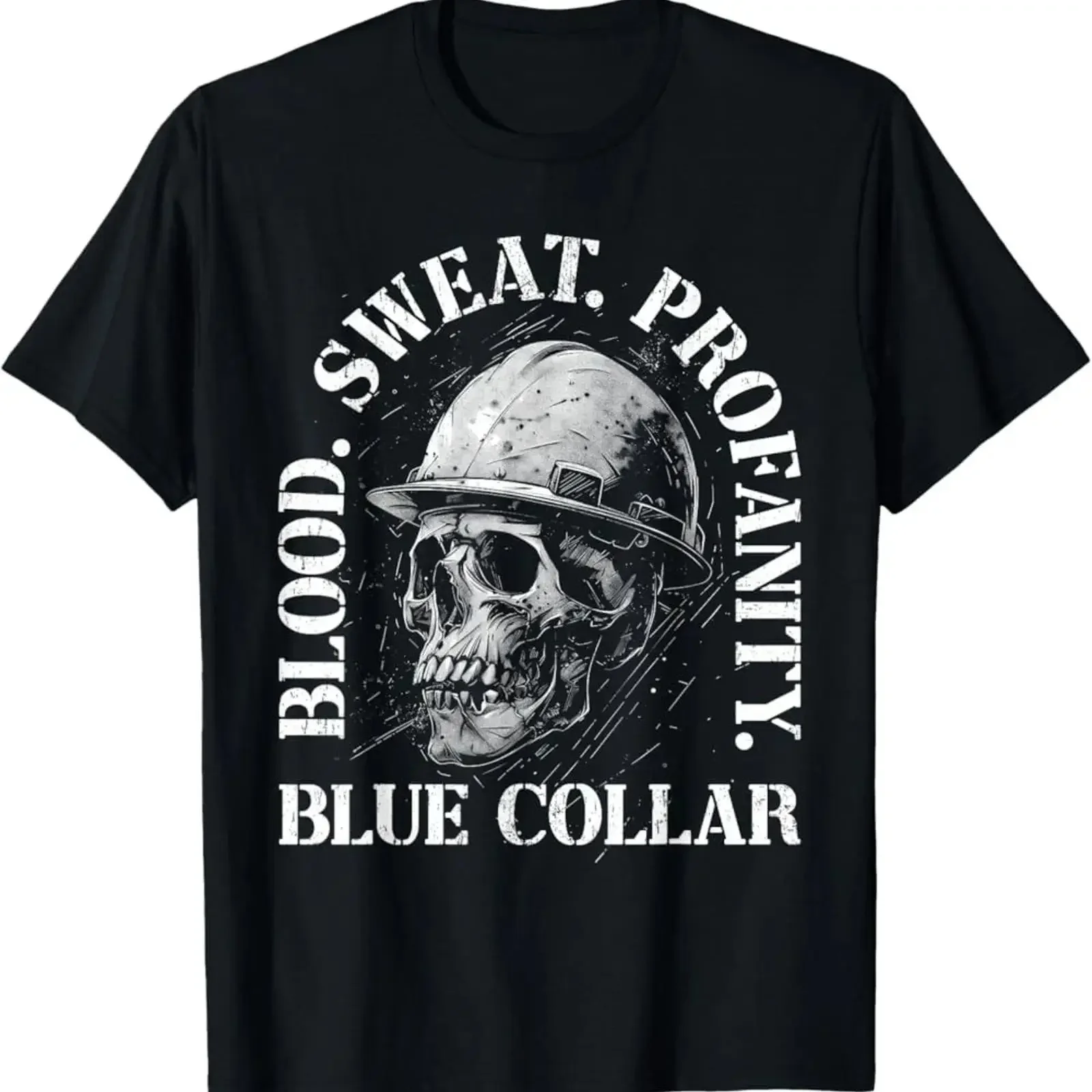 NEW LIMITED Blood Sweat Profanity Construction Worker Skull Blue Collar T Shirt vintage Washed designer clothes Stylish graphic