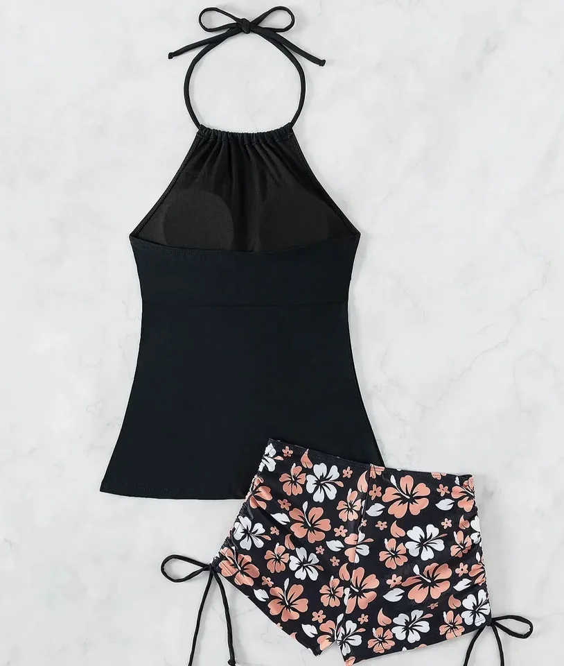 Conjunto de Tankini para mujer, traje de baño estampado con correa para el cuello, bragas de 2 piezas con cordón lateral, Tankini negro, ambiente femenino