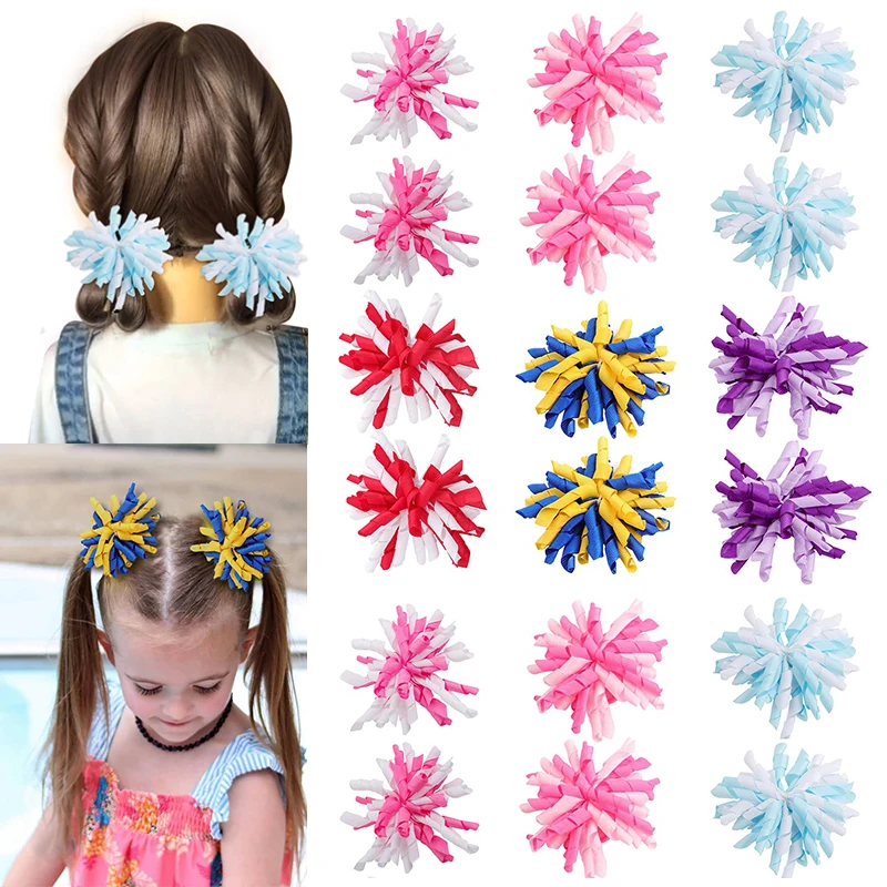 

ncmama 2Pcs/set Curly Ribbon Hair Clips For Baby Girls Cute Ball Flower Rainbow Hairpins Kids Headwear Boutique Hair Accessories