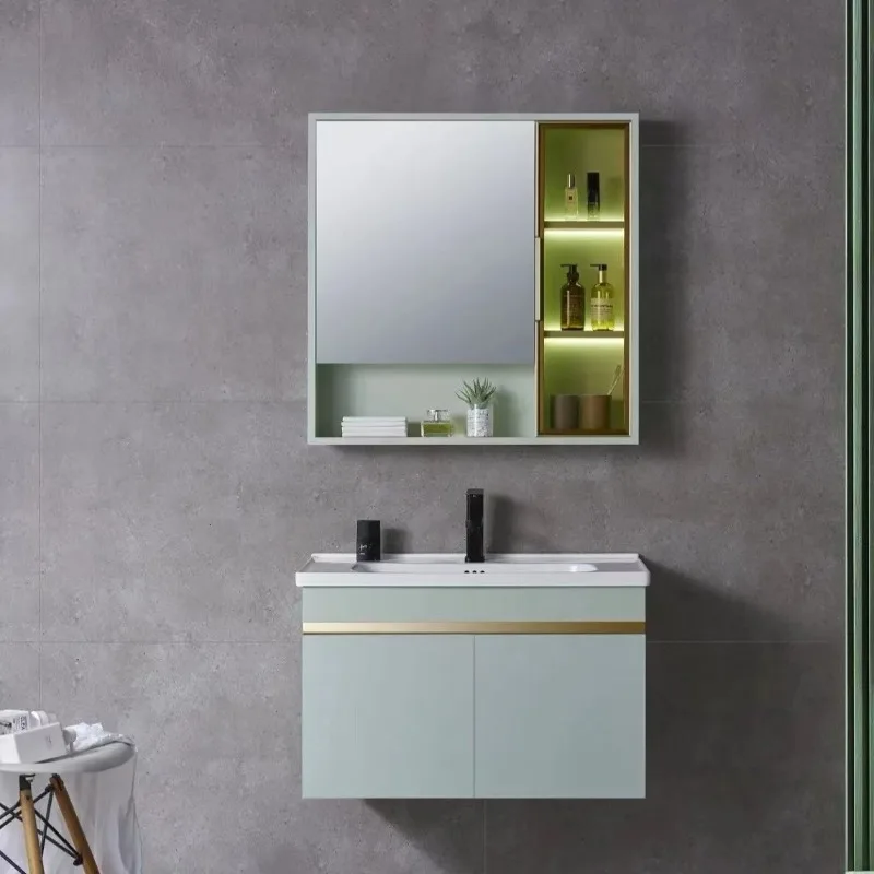 

Modern simple bathroom cabinet light green PVC waterproof washing integrated ceramic basin combination bathroom dresser