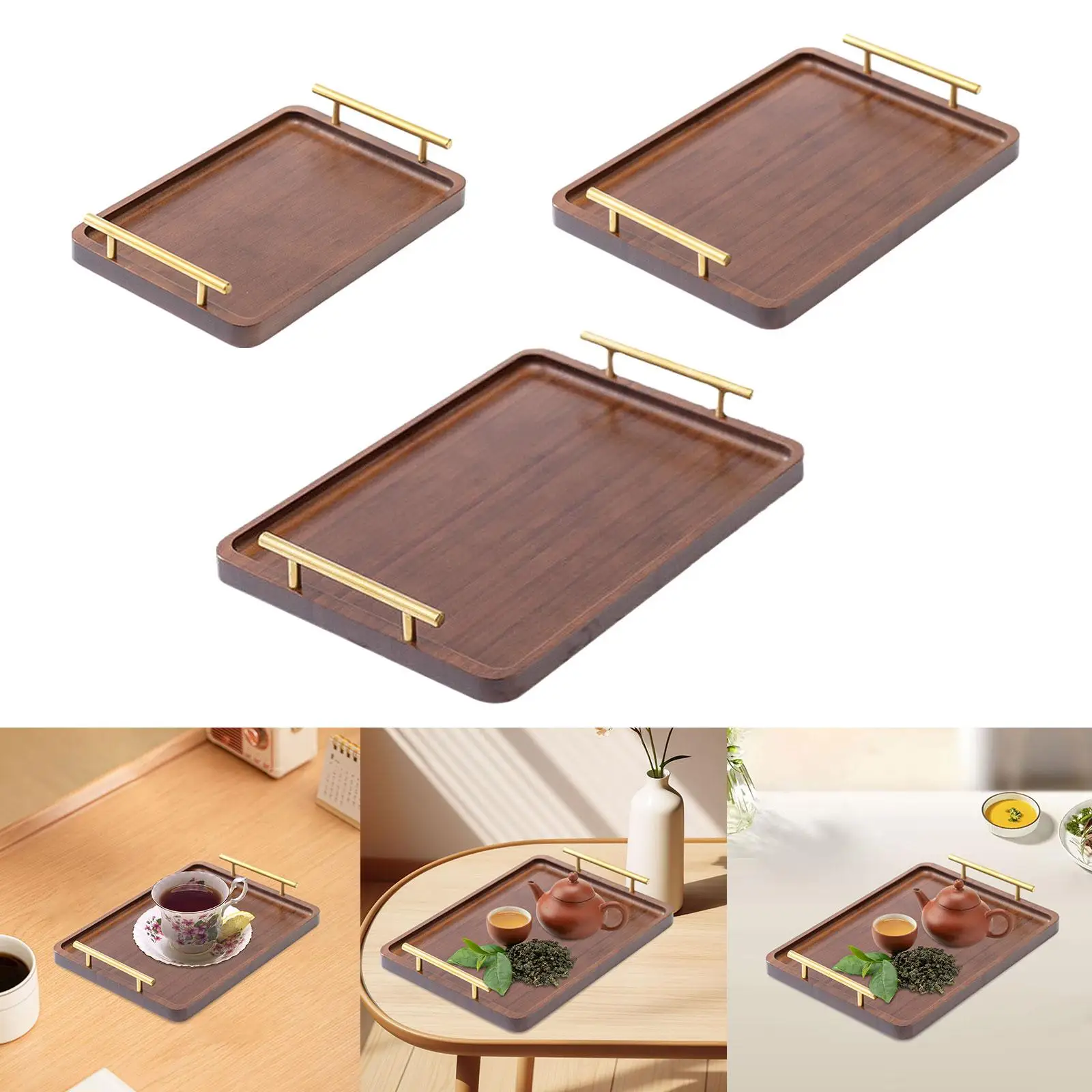 Wood Serving Tray with Metal Handles Modern Tea Tray Coffee Table Tray for Living Room Bathroom Table Decor Parties Counter