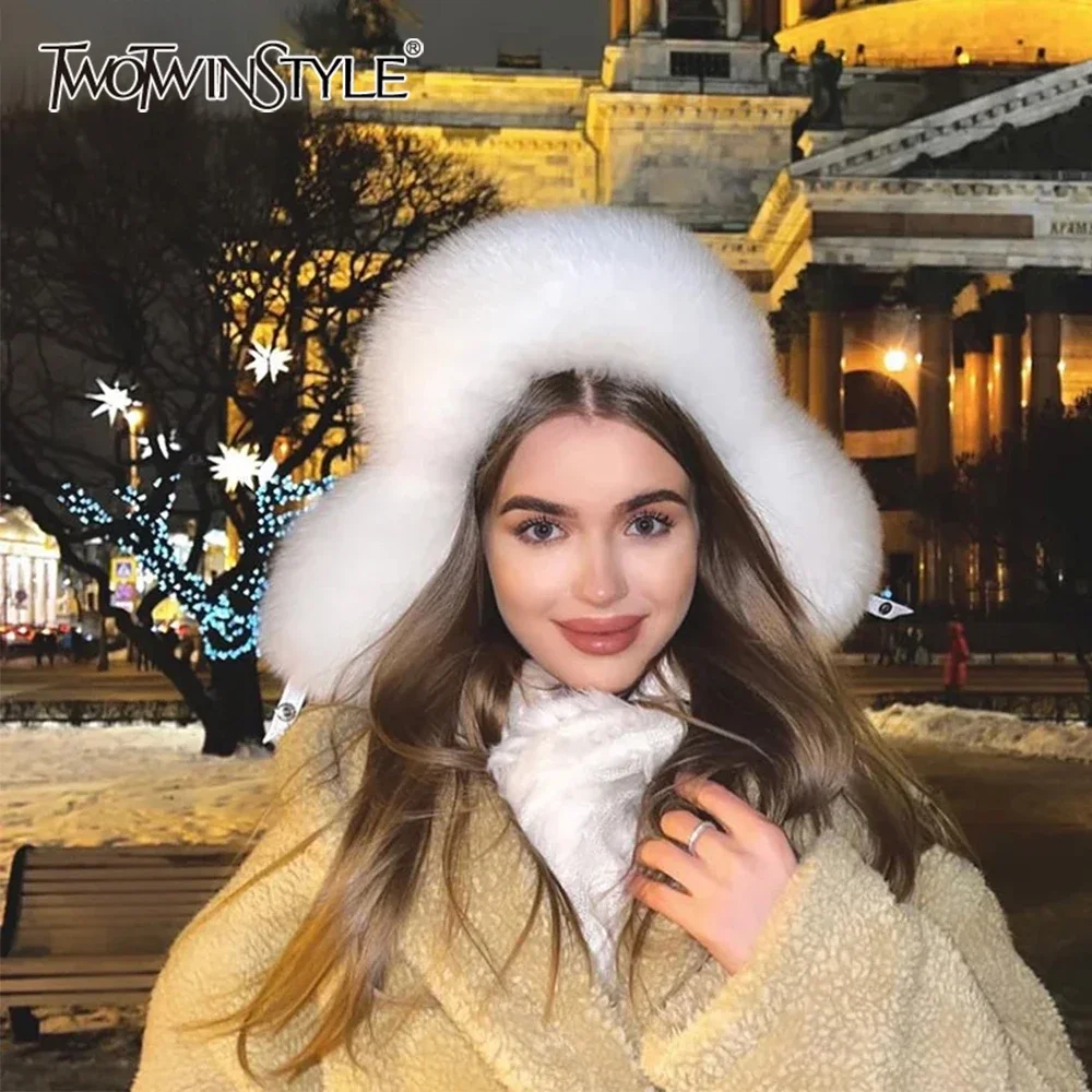 TWOTWINSTYLE Solid Minimalist Spliced Feather Hat for Women Casual Fur Hats Female Fashion Style