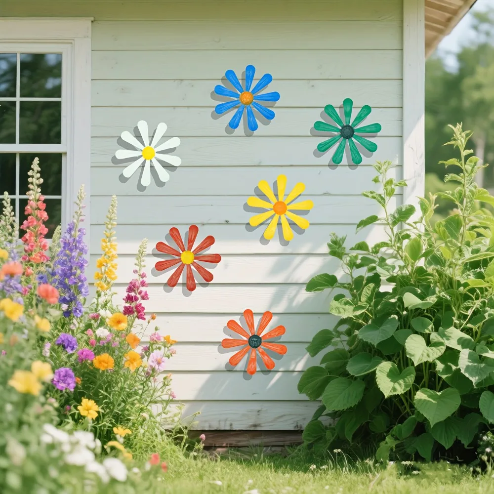 Metal Daisy Garden Wall Decor Waterproof Rustproof Colorful Iron Hanging Art Outdoor Patio Yard Fence Home Porch Creative Floral