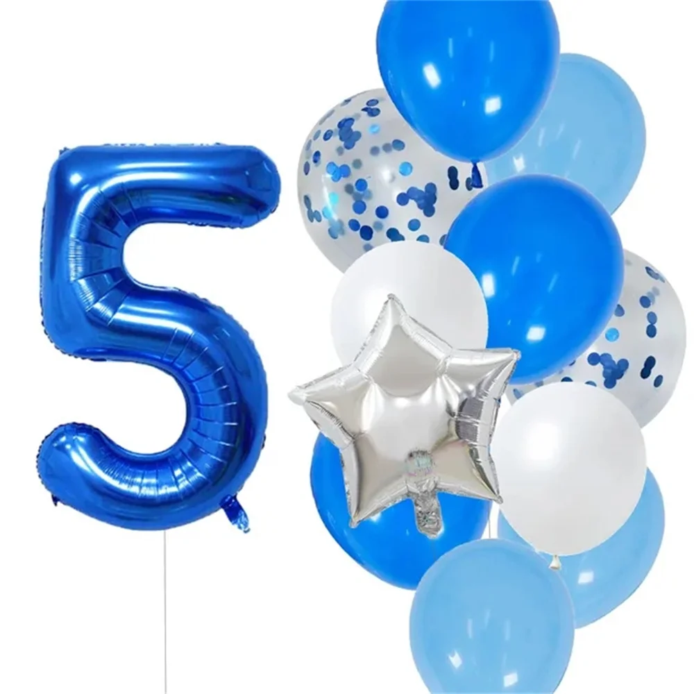 12Pcs Blue Number Foil Latex Balloons For Kids Birthday Party Balloon Decoration 1 2 3 4 5 6 7 8 9 Years Old Children Birthday