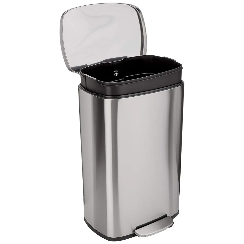 Smudge Resistant Rectangular Trash Can With Soft-Foot Pedal, Brushed Stainless Steel, 50 liter/13.2 gallon, Satin Nickel Finish