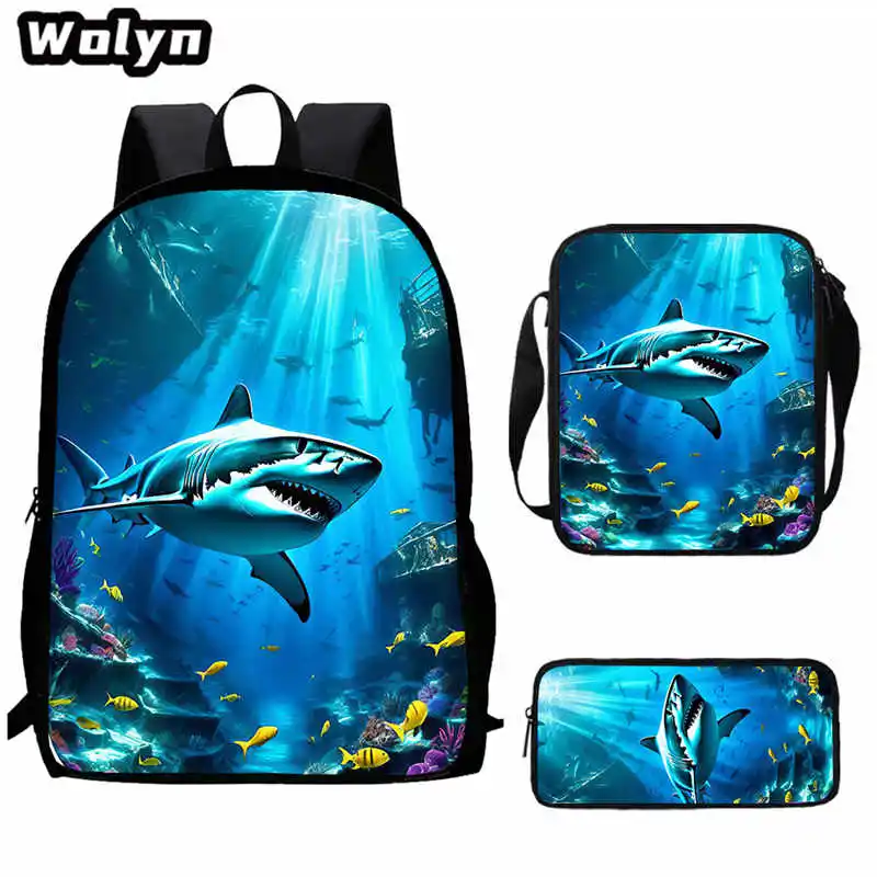 3Pcs Set Shark Prints Mochila School bags with Shoulder Bag Pencil Bag,Animal Image Children Backpack Book Bag for Grade 1-4