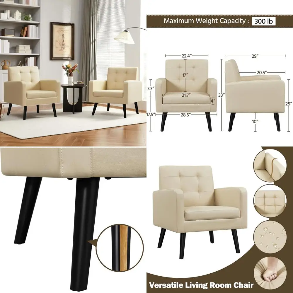 

Mid-Century Inspired Accent Chairs, PU Leather Upholstered, Cozy Button-Tufted Armchair with Wood Legs for Living Room, Bedroom