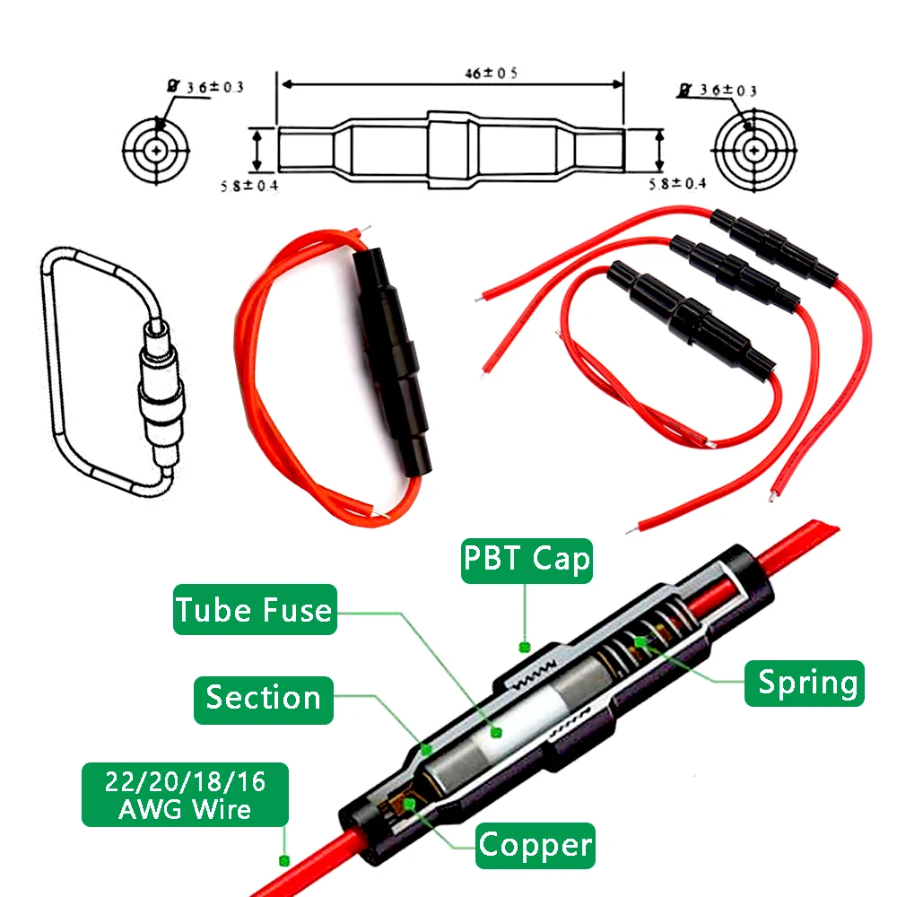 5Pcs 5X20mm , 6X30mm Glass Tube Fuse Holder Screw Type Quick Blow With 22/20/18/16AWG Wire Cable Car Tube Fuse Casing Wire 250V